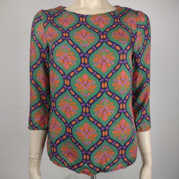 Boden Tops - Boden green multicolor print round neck 3/4 sleeve top blouse ladies size 6